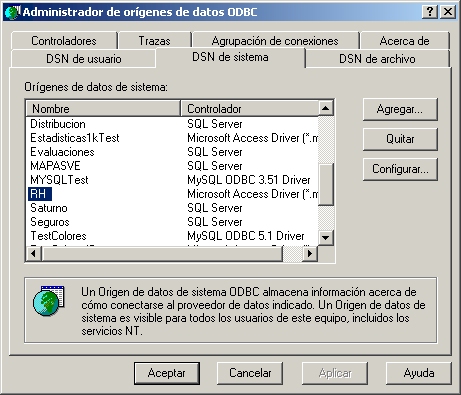 Pantalla de ODBC